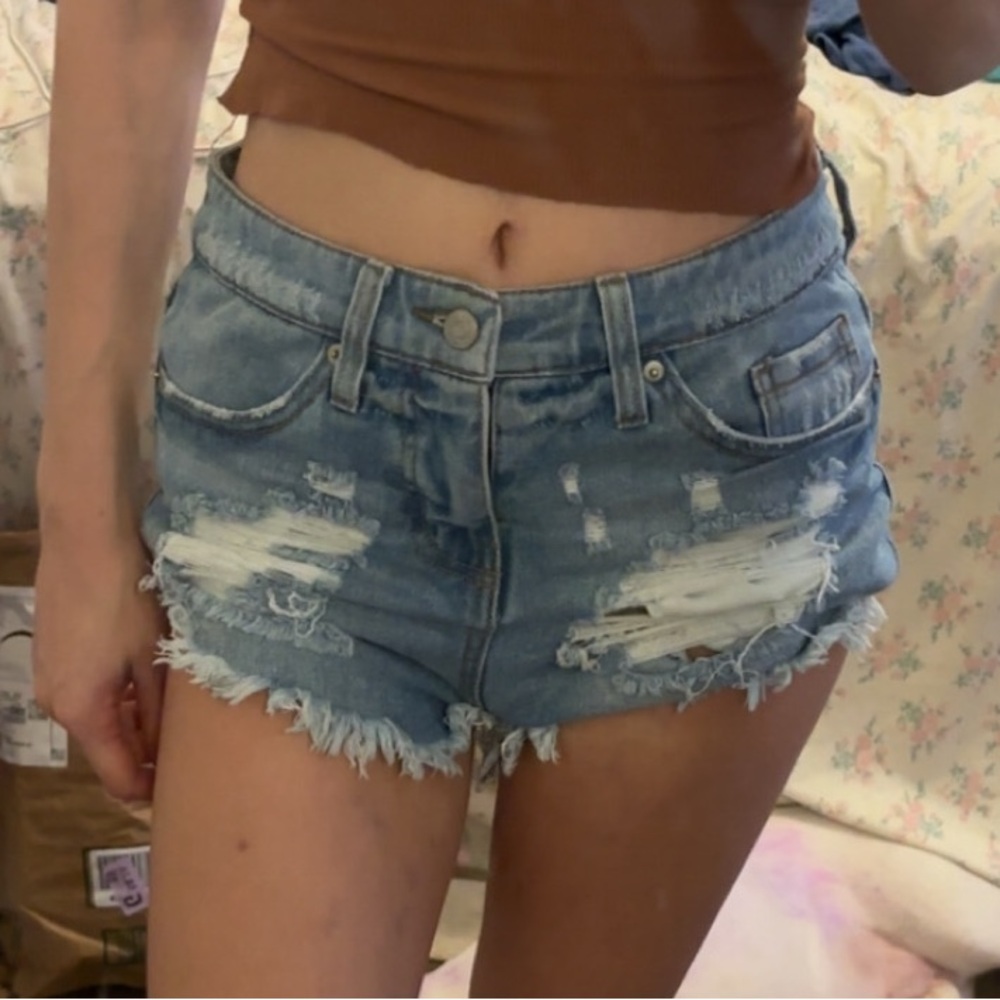 Distressed Denim Women Shorts With Embroidered Star